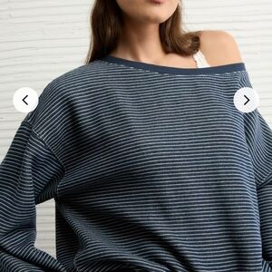 American Eagle Outfitters Navy and White Off-the-Shoulder Striped Sweater